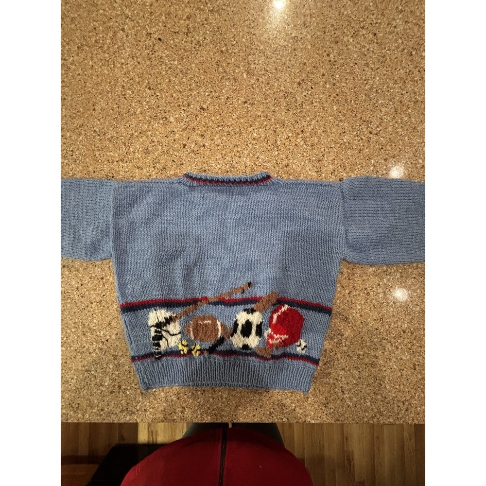 Vintage Handmade 70's Blue Sports Themed Knit Sweater Youth M READ Measurements